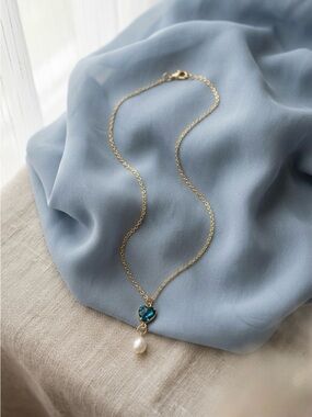 Gold Chain Necklace with Blue Heart Crystal and Pearl Drop